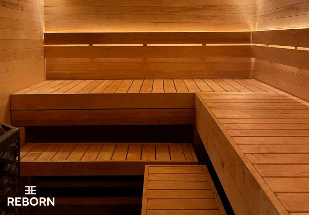 Sauna interior with two levels of wooden benches, a low bench in front and warm lighting along the backrest