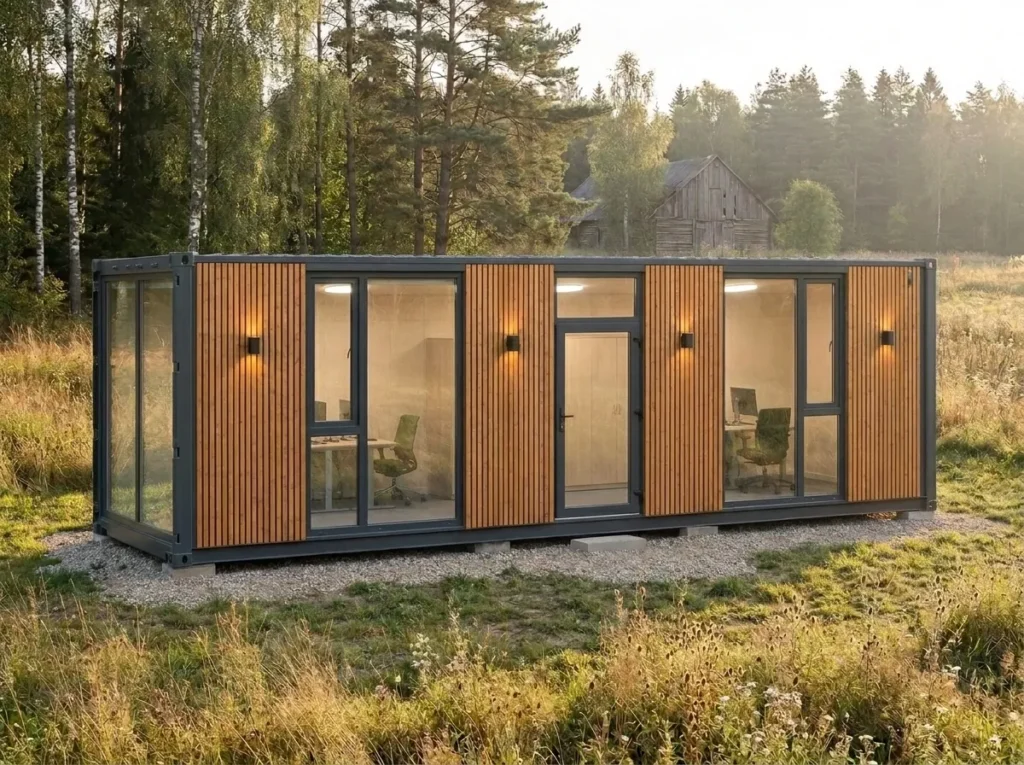 Otto shipping container office with wood cladding on a gravel base in a countryside meadow, desks with office chairs visible inside