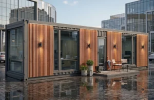 Otto container office with wood cladding on wet paving after rain, two chairs and potted plants by the entrance and a desk with a laptop visible inside